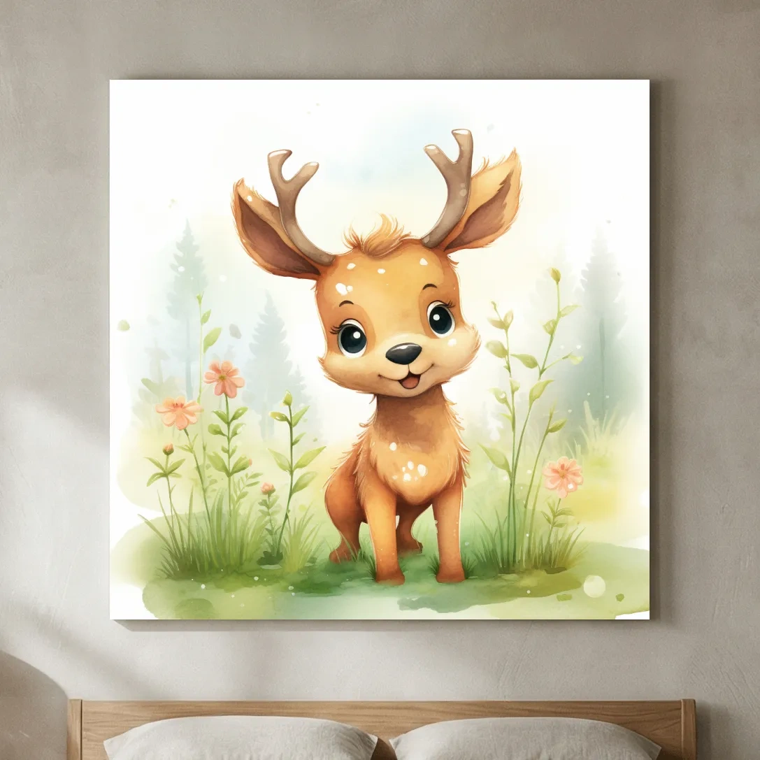 Cute Watercolor Baby Deer Illustration - Woodland Nursery Animal Wall Art
