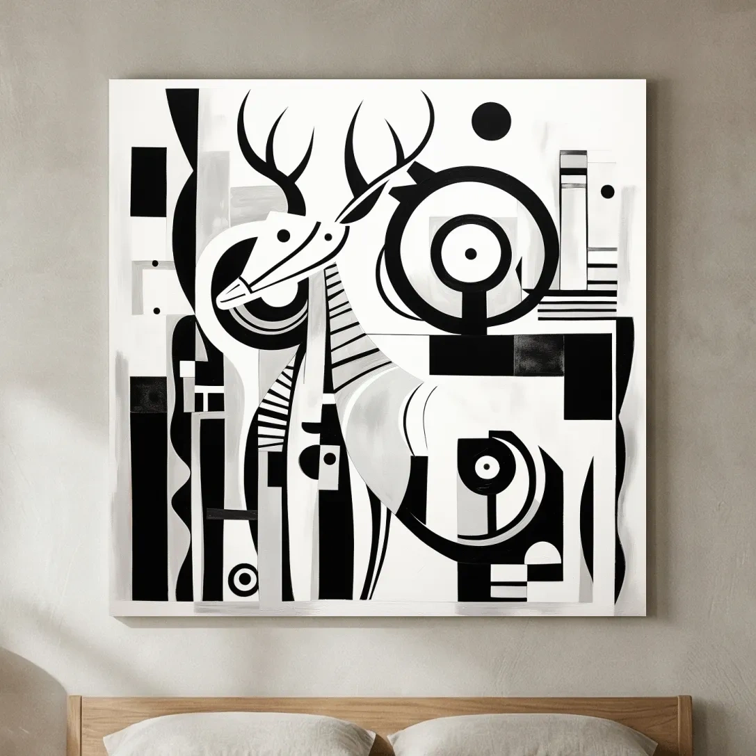 Abstract Geometric Deer Artwork - Mid-Century Black And White Animal Wall Art