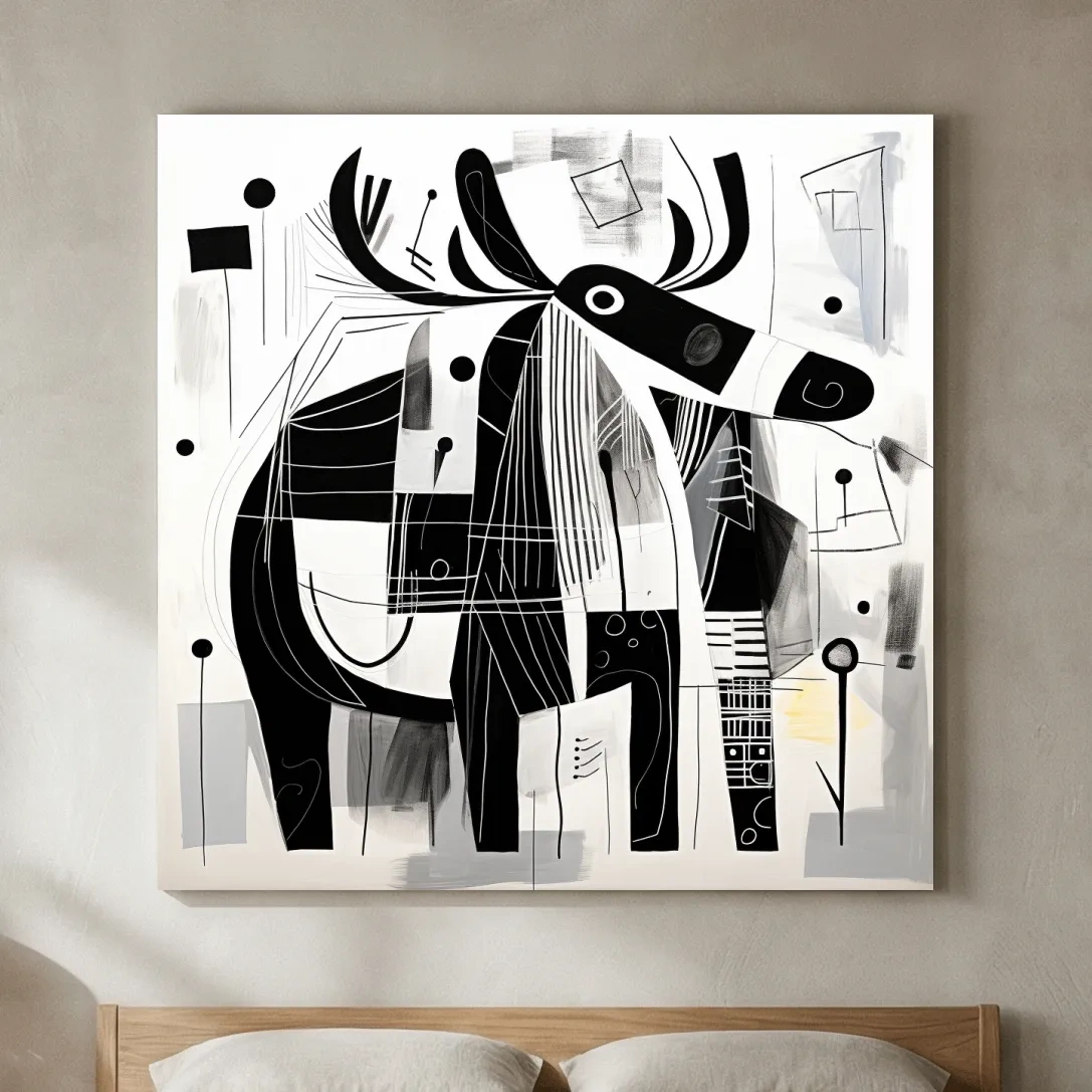 Abstract Monochrome Moose Illustration - Modern Geometric Wildlife Wall Art