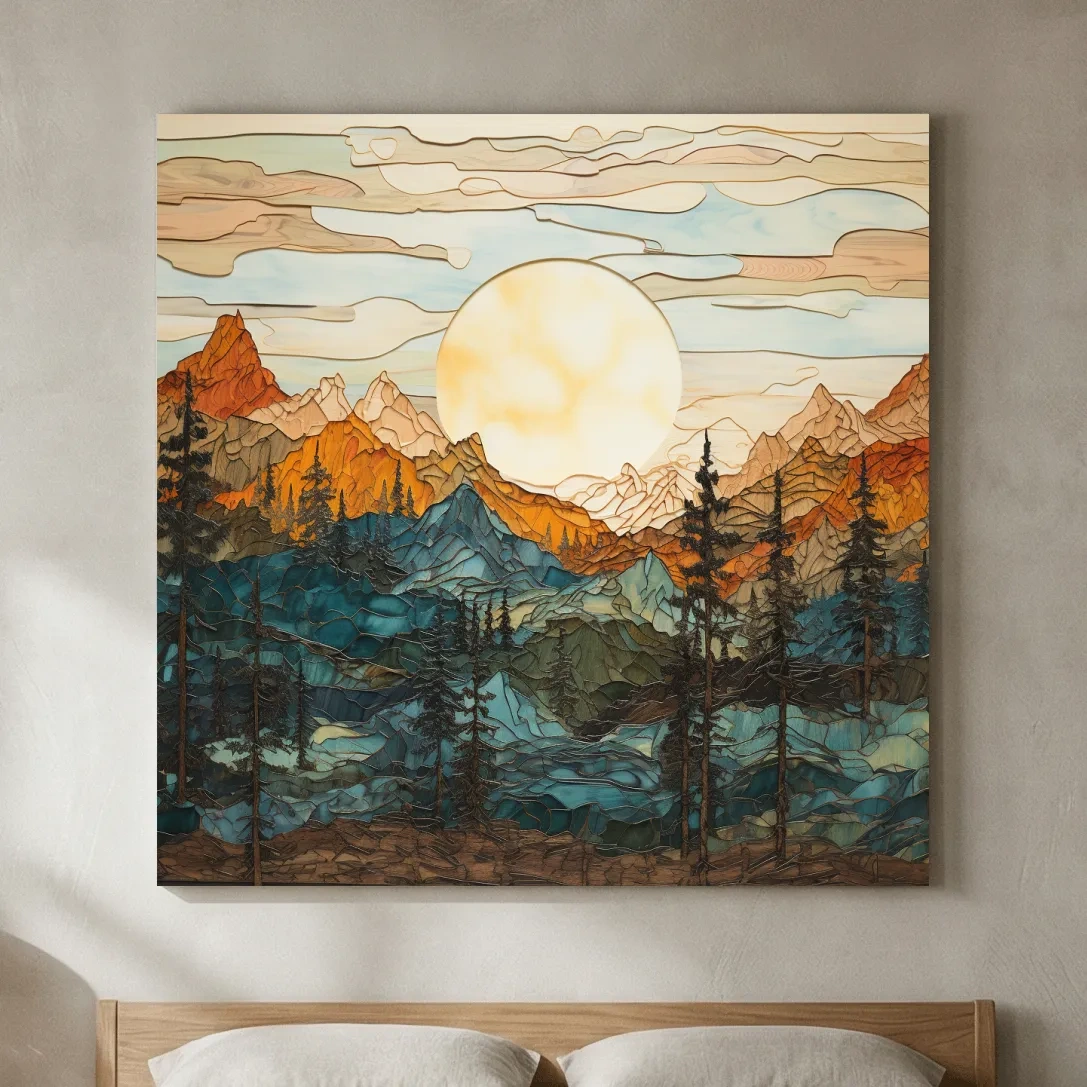Stained Glass Mountain Sunset Landscape - Colorful Mosaic Forest Wall Art