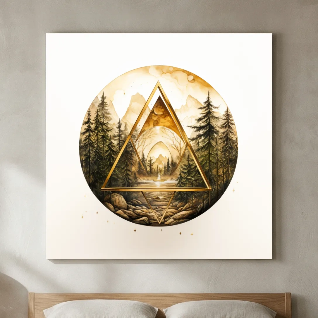 Rustic Mountain Forest Watercolor - Gold Sepia Landscape Wall Art