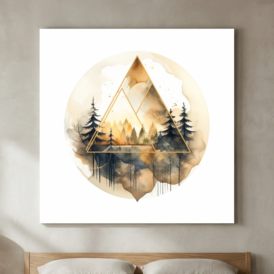 Geometric Watercolor Mountain Forest Landscape - Modern Rustic Nature Wall Art