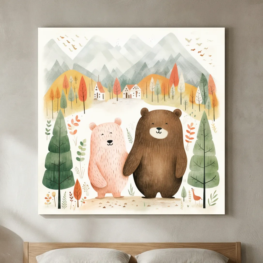 Cute Bear Couple Watercolor Illustration - Whimsical Mountain Forest Nursery Wall Art