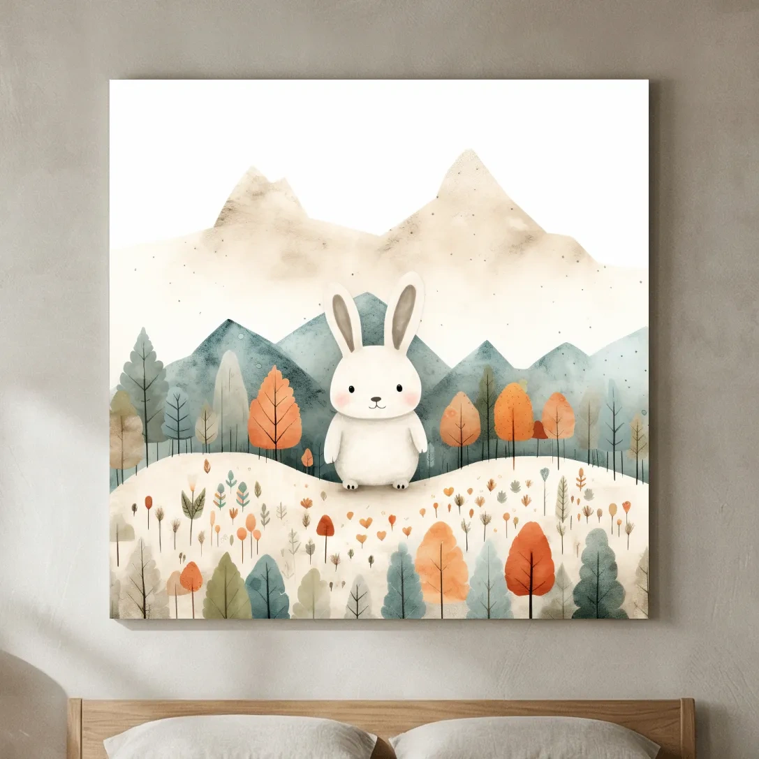 Cute Watercolor Bunny In Mountain Forest - Whimsical Nursery Woodland Wall Art