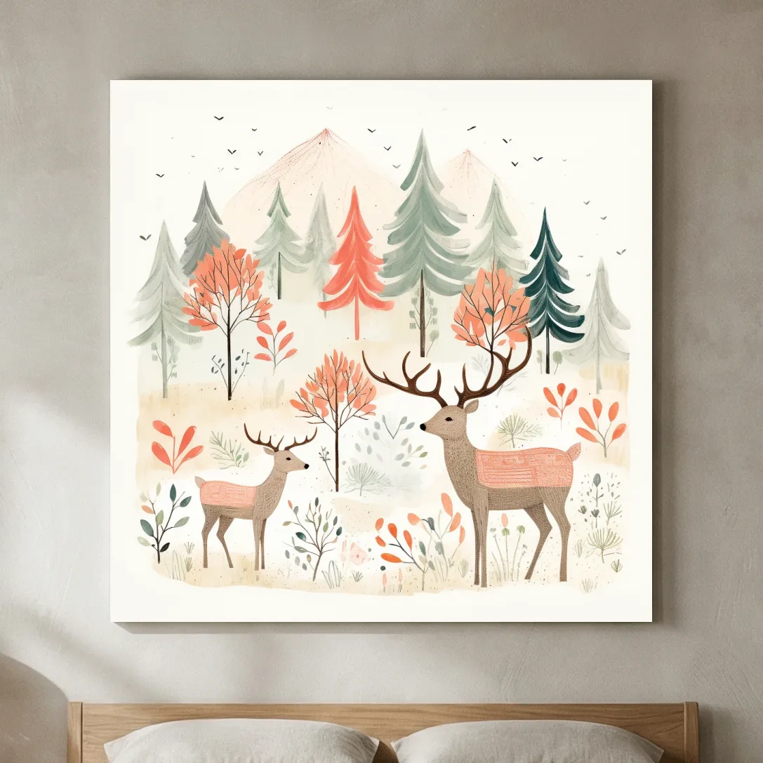 Whimsical Watercolor Deer Forest Storybook Scene - Scandinavian Woodland Nursery Wall Art