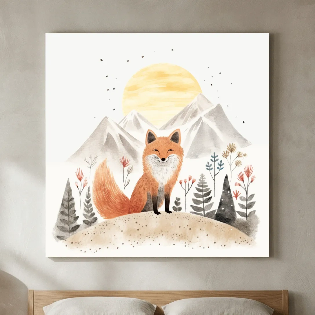 Whimsical Watercolor Fox Mountain Sunrise - Nursery Woodland Animal Wall Art