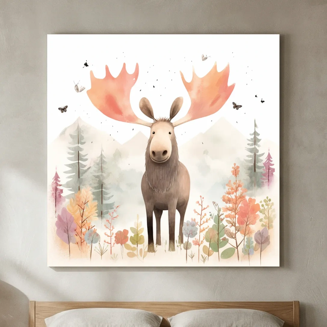 Whimsical Watercolor Moose In Pastel Forest - Storybook Nursery Animal Wall Art