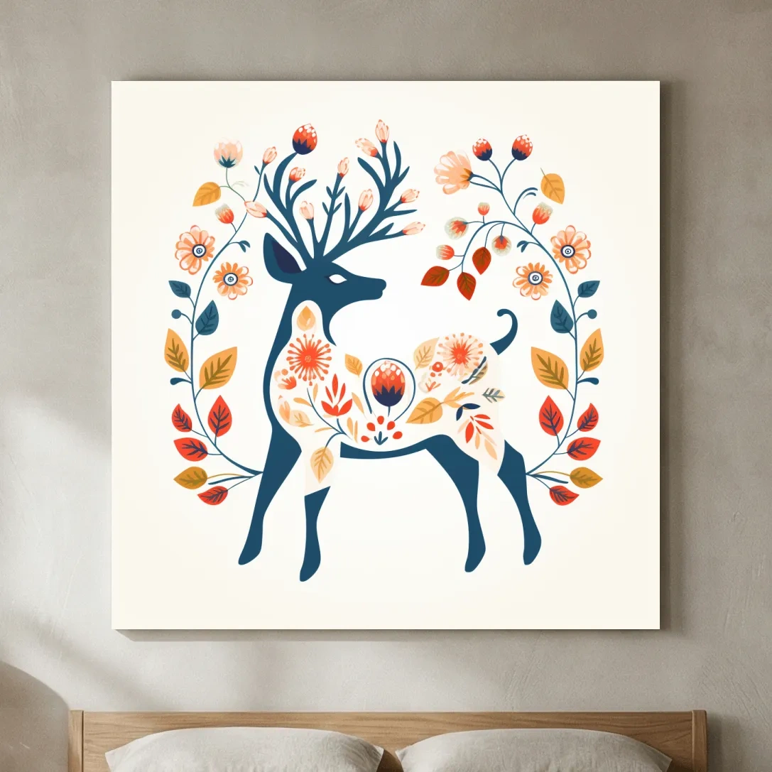 Folk Art Floral Deer Silhouette - Scandinavian Woodland Wall Art