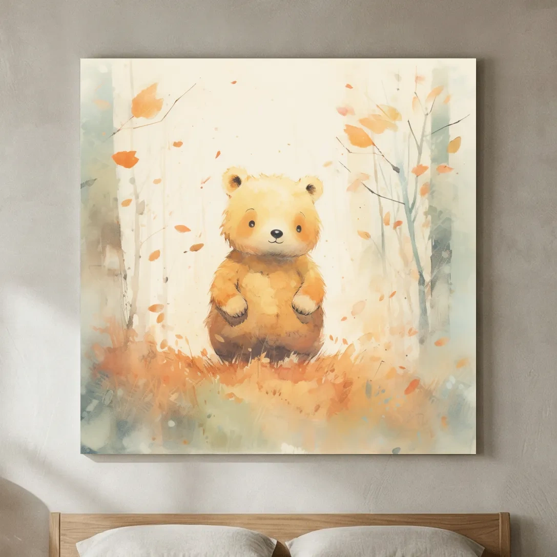 Cute Watercolor Bear Cub In Autumn Forest - Whimsical Nursery Animal Wall Art
