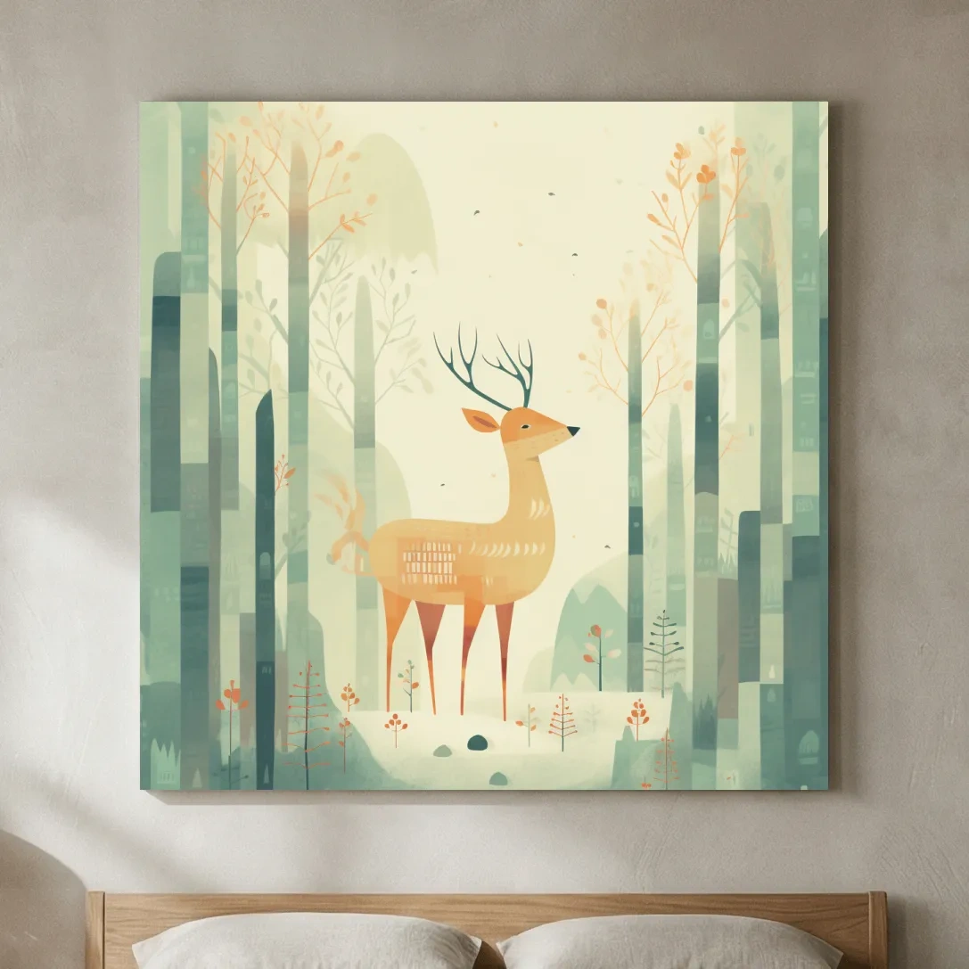 Whimsical Deer In Misty Forest - Minimalist Woodland Nursery Wall Art