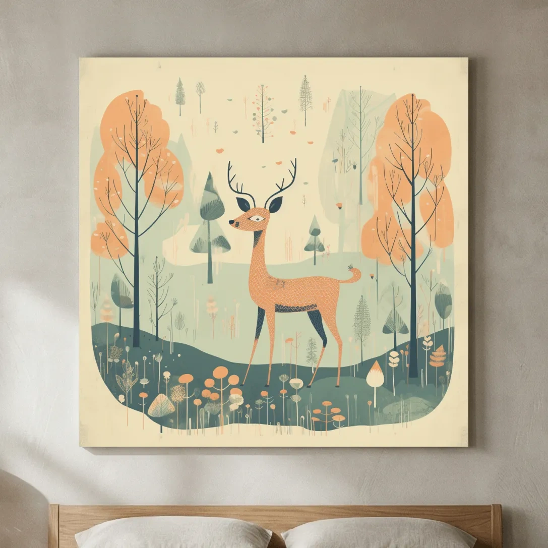 Whimsical Deer in Pastel Forest Illustration - Folk Art Woodland Nursery Wall Art