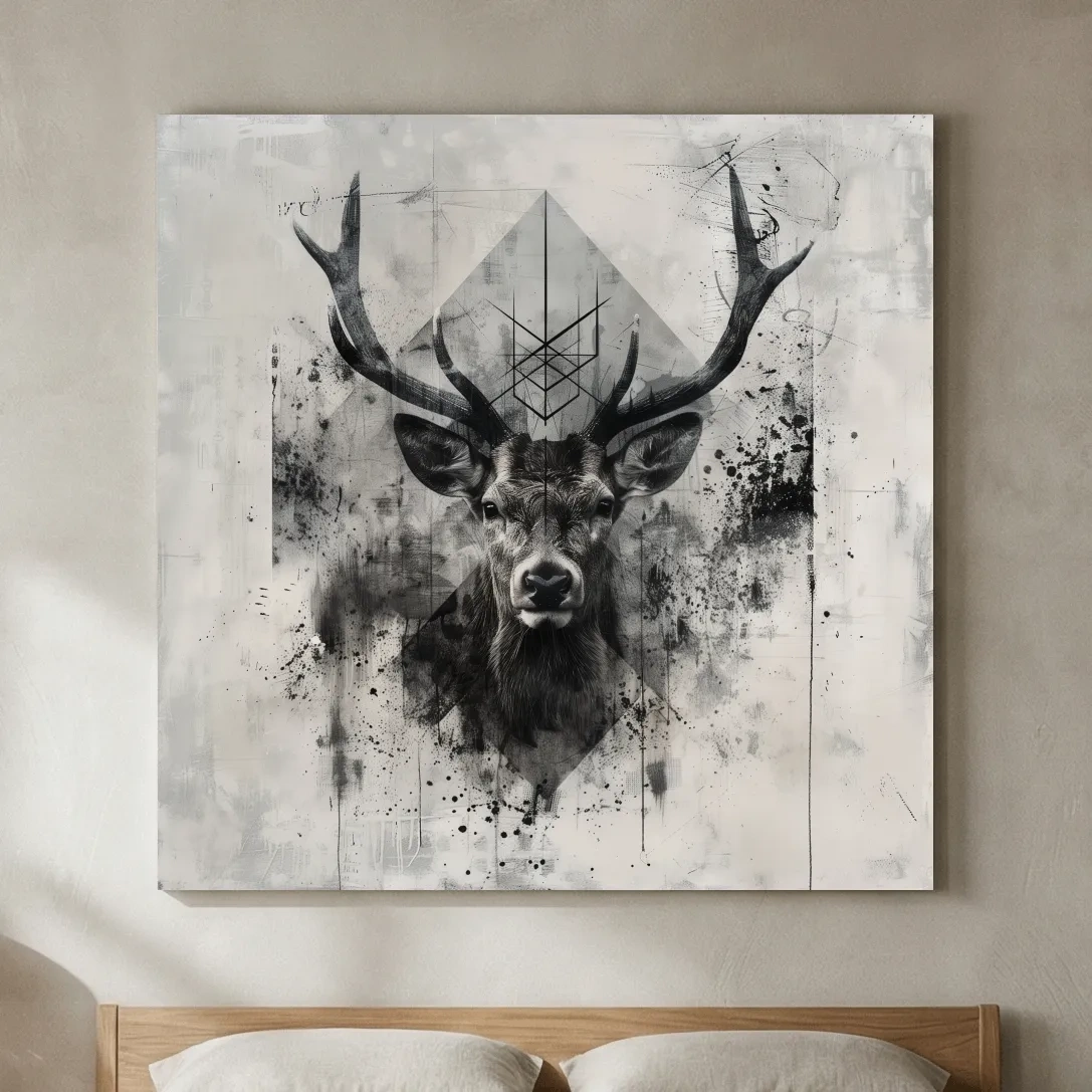 Tribal Monochrome Deer Stag Portrait - Tattoo Style Wildlife Wall Art