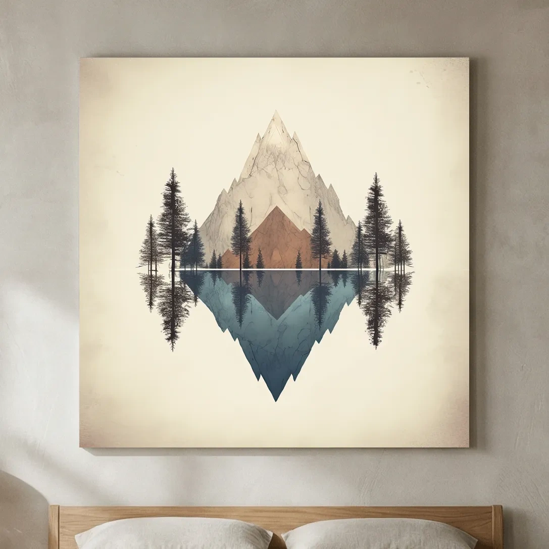 Minimalist Geometric Mountain Lake Reflection - Pine Forest Landscape Wall Art