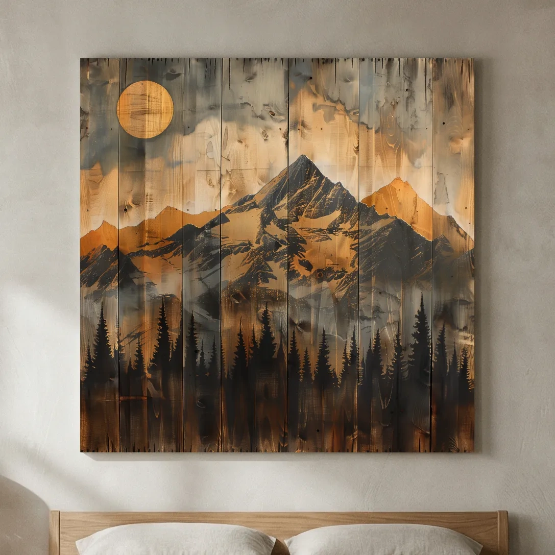 Rustic Woodgrain Mountain Sunset Artwork - Vintage Pine Forest Wall Art