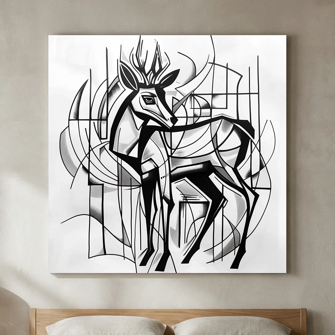 Cubism Abstract Stag Artwork - Modern Black And White Wildlife Wall Art