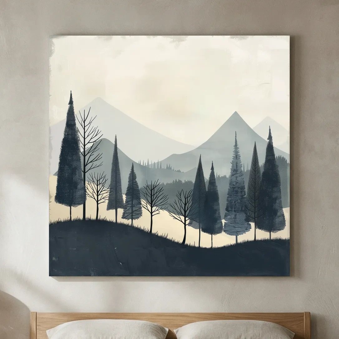 Minimalist Nordic Mountain Forest Landscape - Serene Scandinavian Nature Wall Art