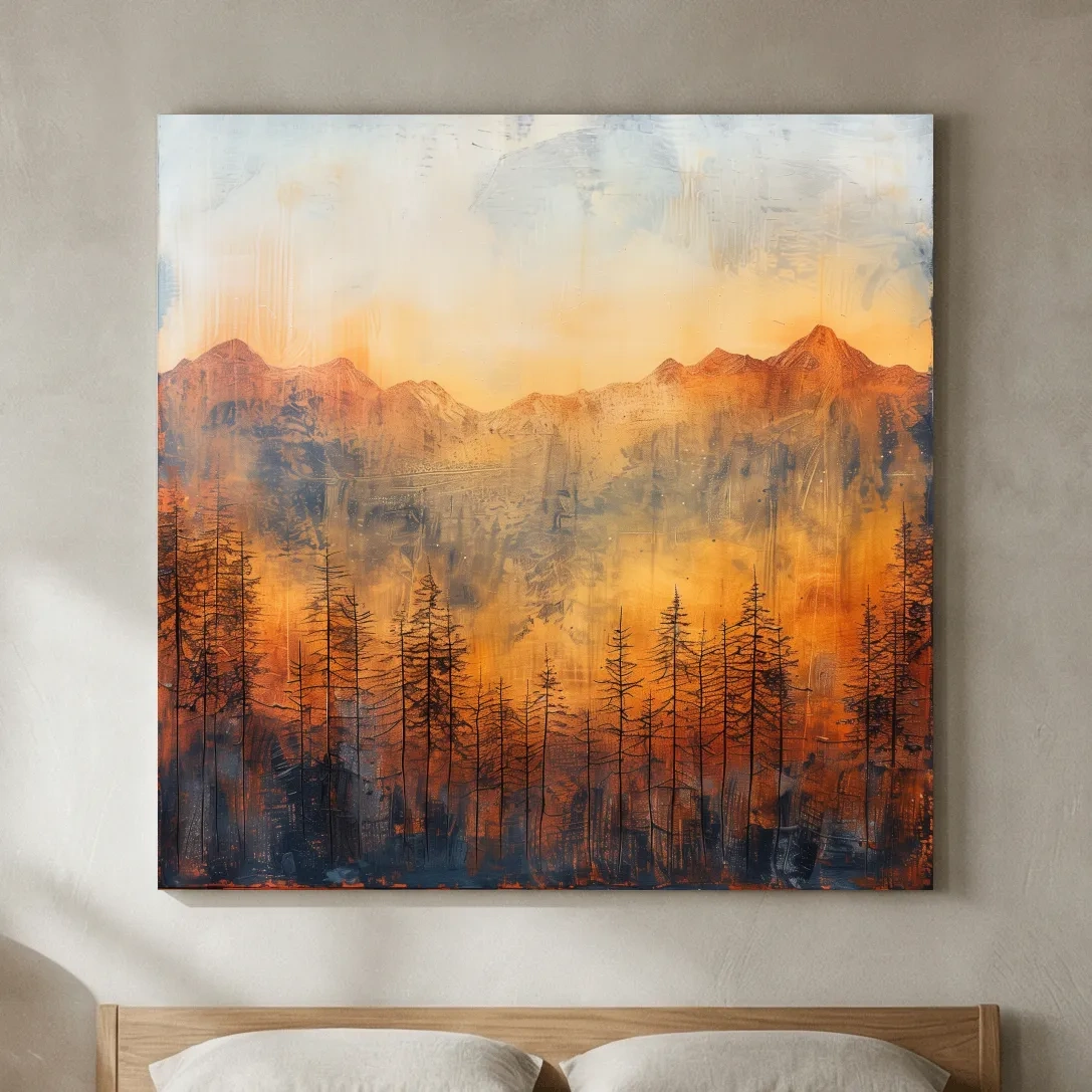 Moody Abstract Mountain Sunrise With Silhouetted Pine Forest - Textured Landscape Painting
