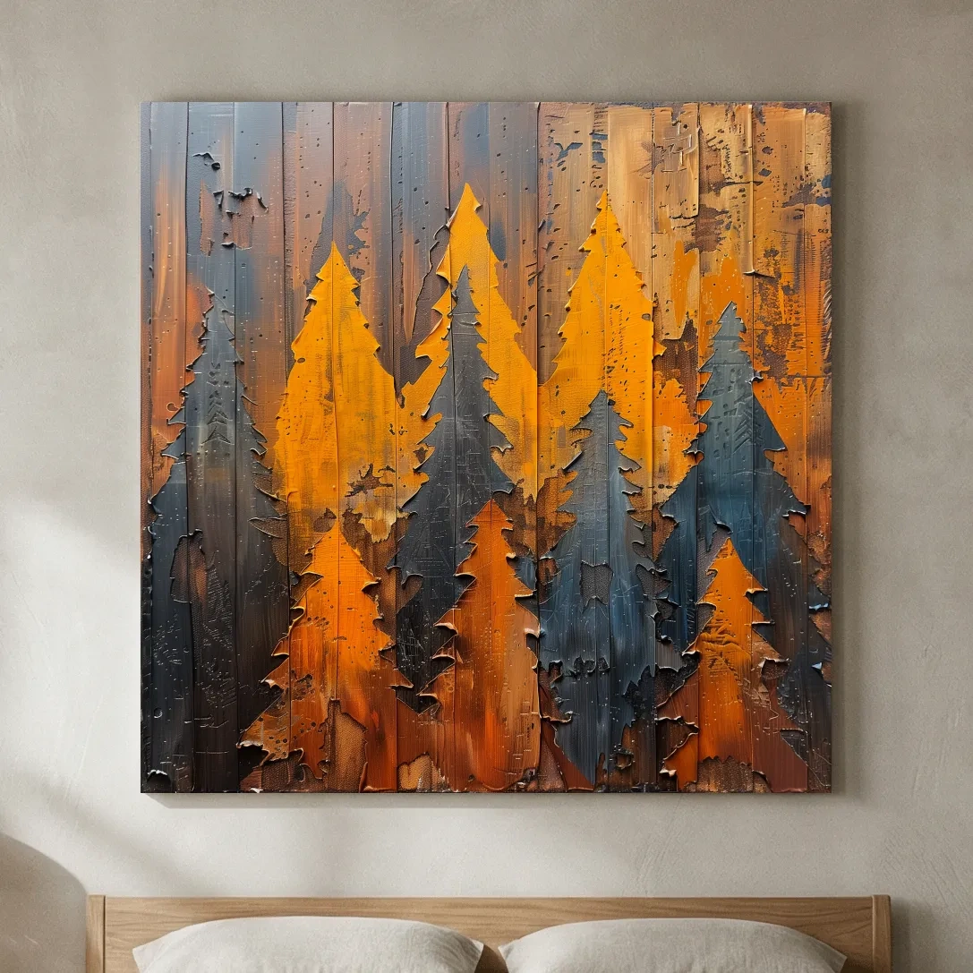 Autumn Pine Forest Silhouettes - Rustic Painted Wood Wall Art