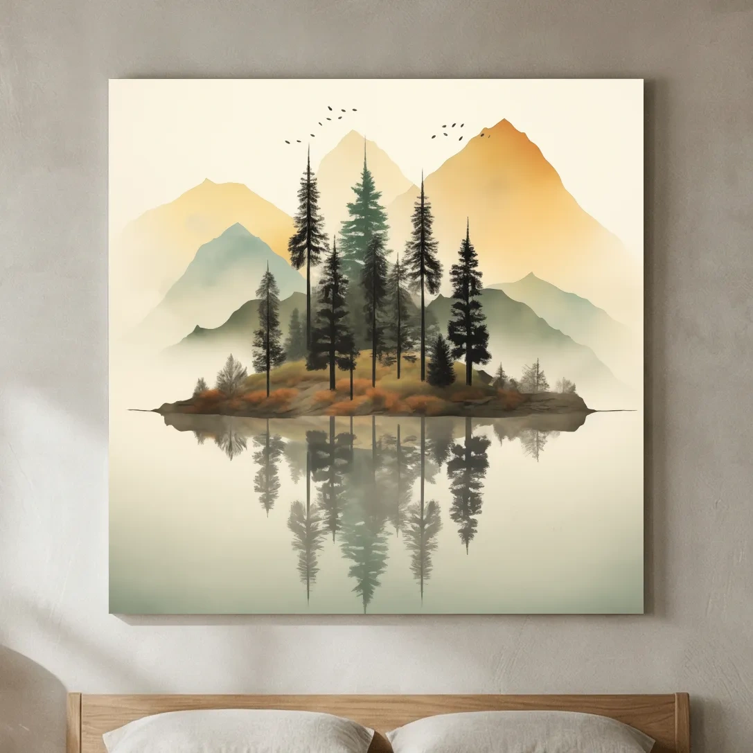 Misty Pine Forest Island Reflection - Minimalist Mountain Lake Wall Art
