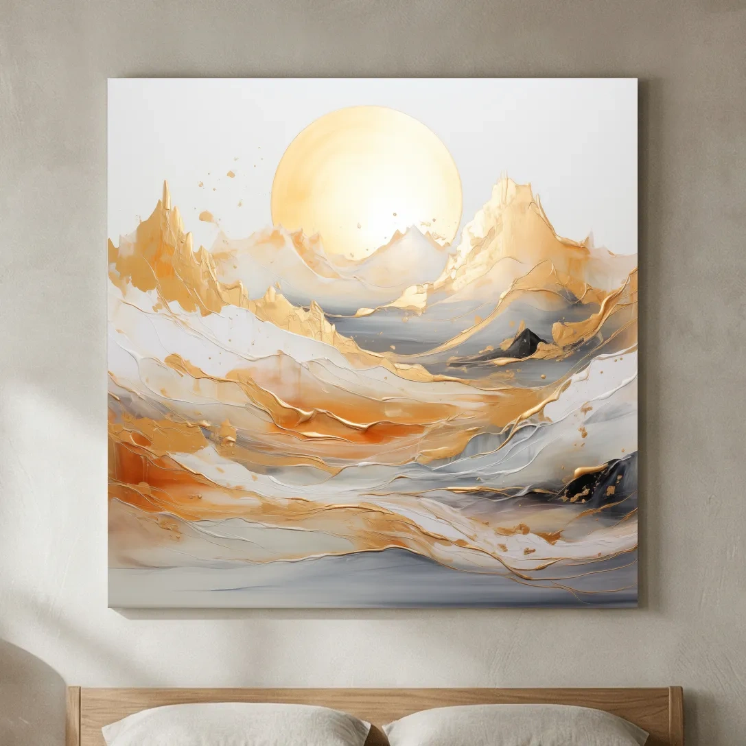 Gold Leaf Style Abstract Mountains Painting - Minimalist Sunrise Landscape Wall Art