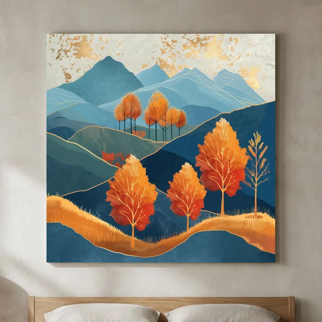 Autumn Aspen Trees In Layered Blue Mountains - Modern Gold Leaf Style Wall Art