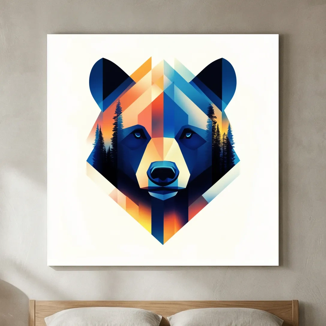 Colorful Geometric Grizzly Bear Forest Portrait - Modern Wildlife Wall Art