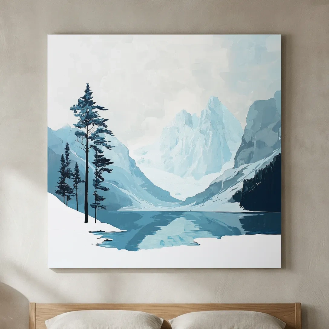 Minimalist Icy Mountain Lake - Scandinavian Winter Landscape Artwork
