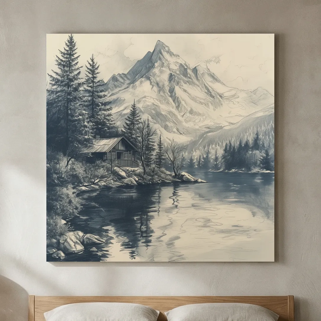 Vintage Alpine Cabin By Mountain Lake - Monochrome Pencil Sketch Landscape Wall Art
