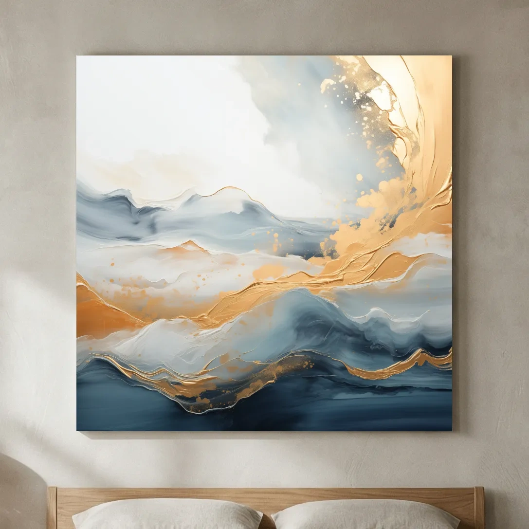 Fluid Abstract Blue And Gold Mountain Landscape - Modern Mixed Media Wall Art