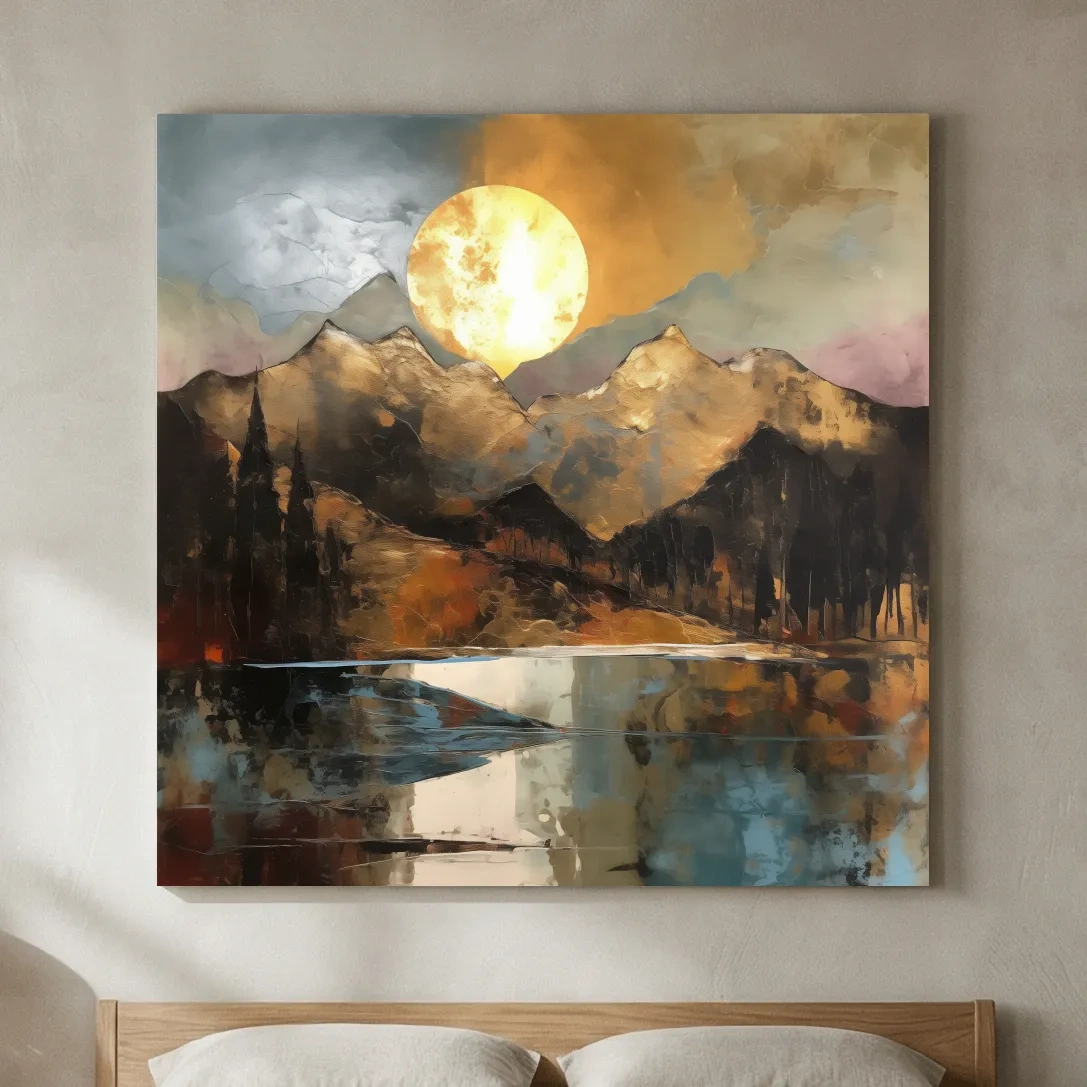 Alpine Mountain Lake Sunset Painting - Golf Leaf Style Wall Art