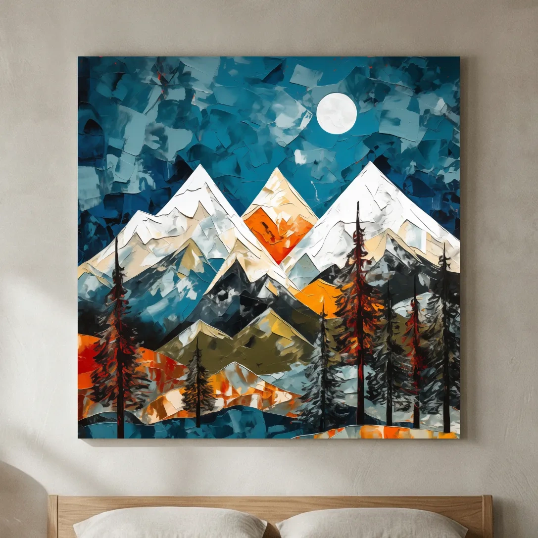 Abstract Impasto Style Mountain Nightscape - Moonlit Alpine Landscape Wall Art