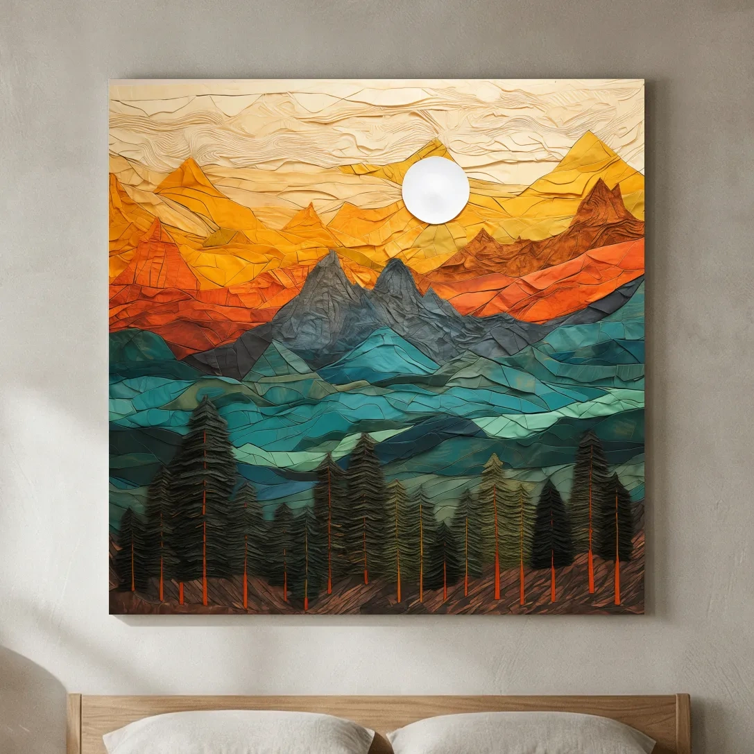 Layered Paper Cut Style Mountain Sunset - Colorful Abstract Forest Landscape Wall Art
