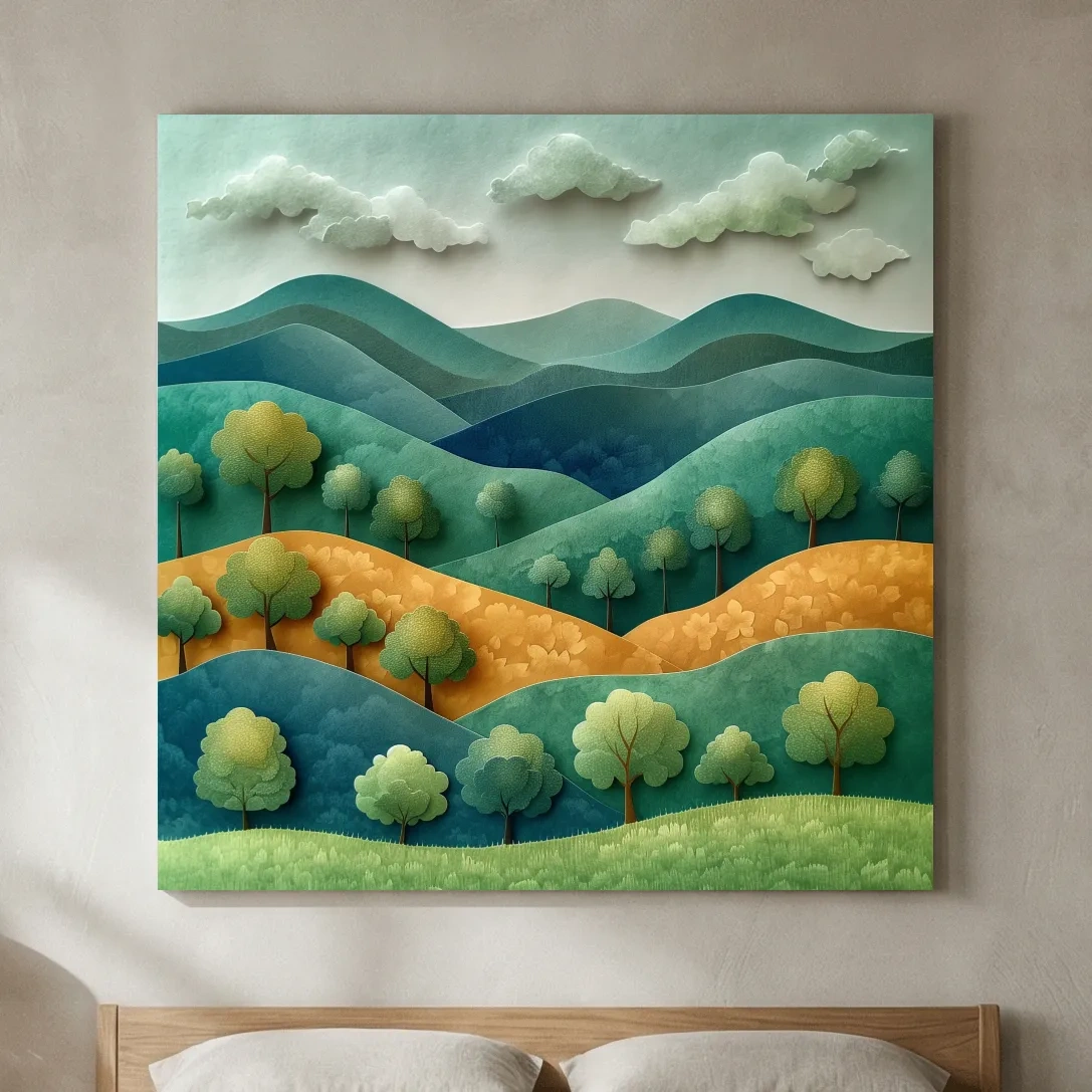 Whimsical Paper Cut Forest Hillscape - Layered 3D Mountains Landscape Wall Art
