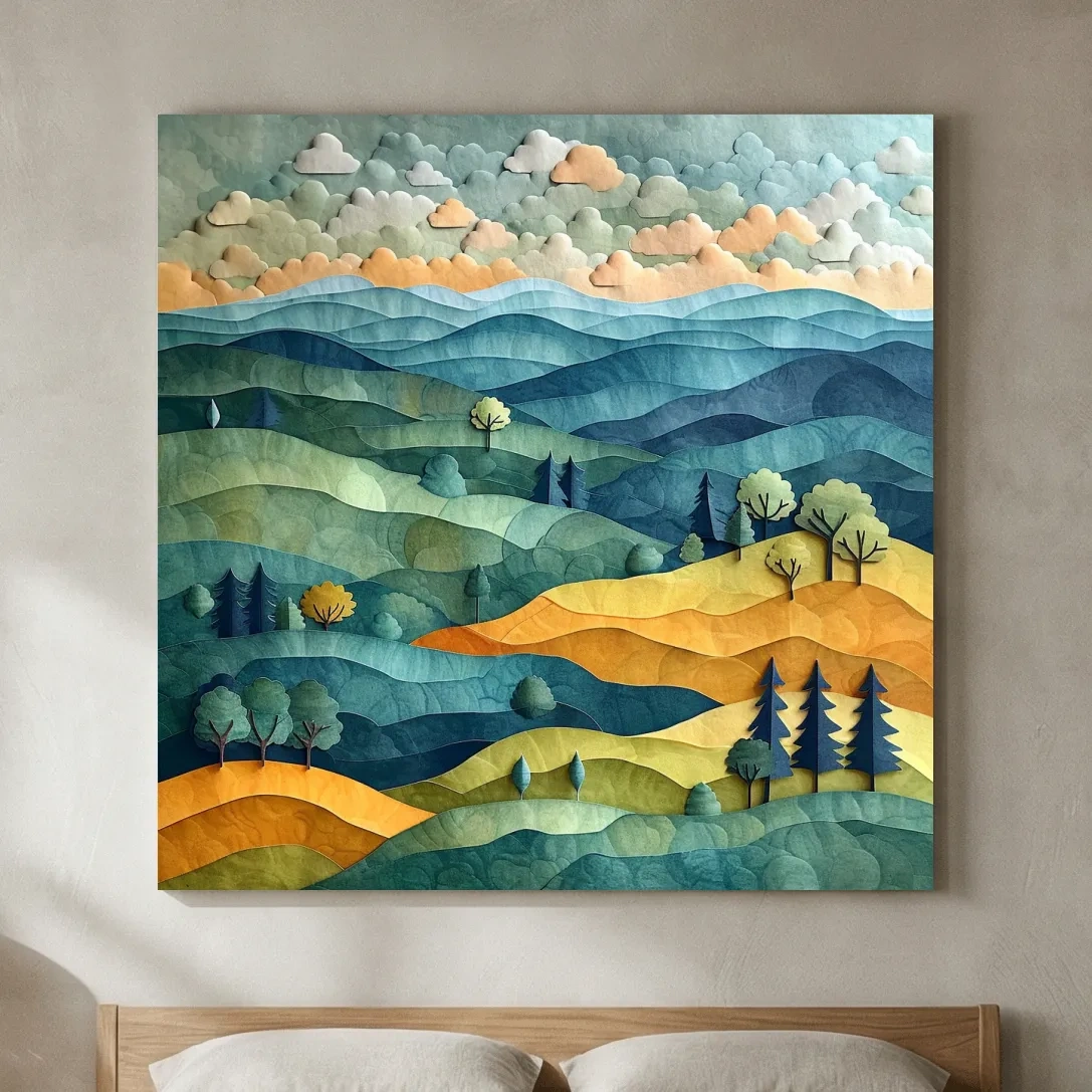 Layered Paper Cut Mountain Landscape - Mixed Media Forest Wall Art