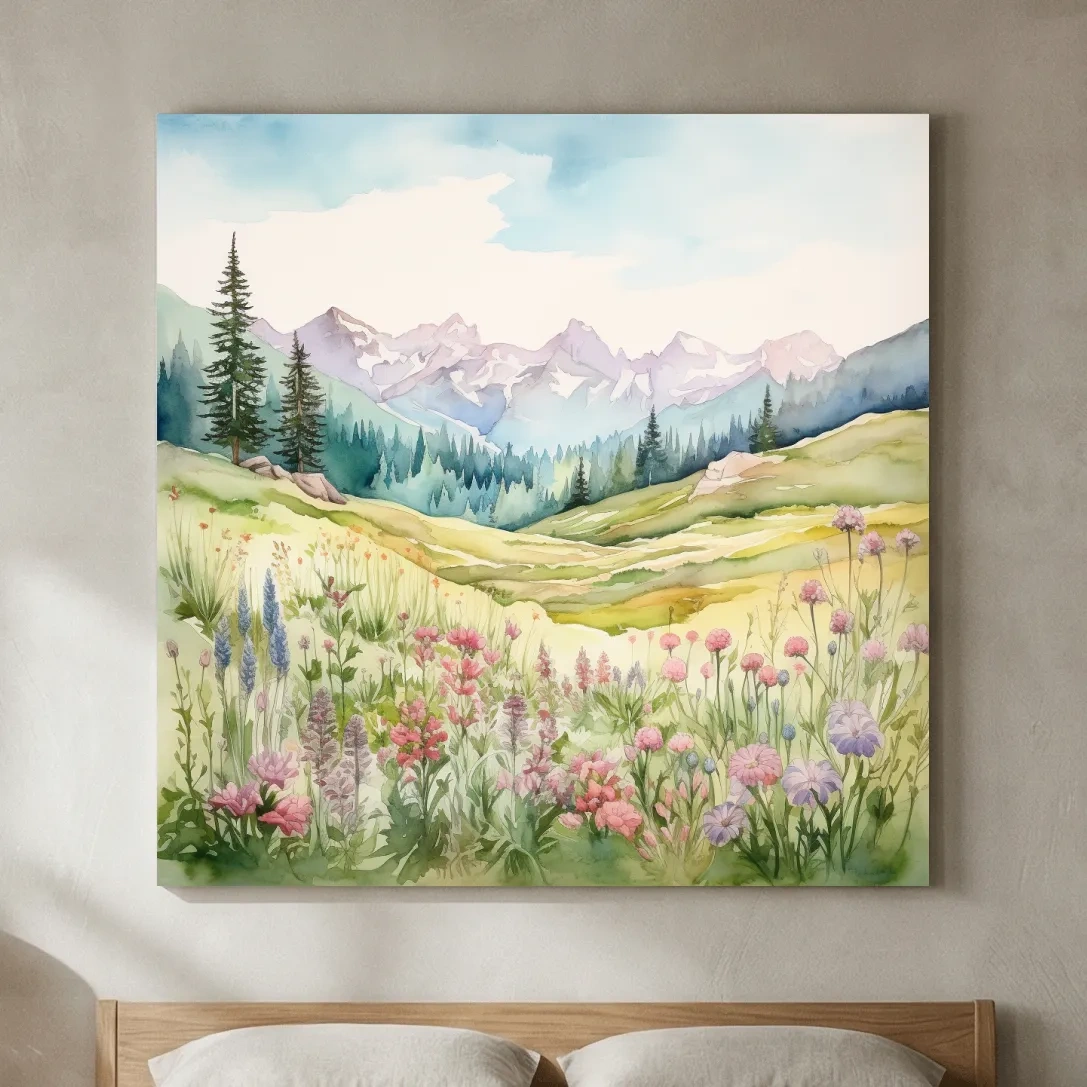 Alpine Meadows Wildflower Watercolour - Pastel Mountains Landscape Wall Art
