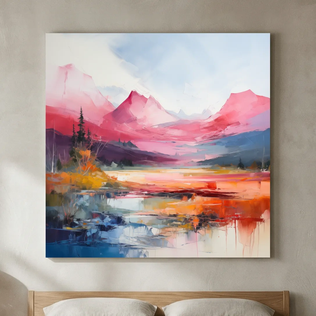 Vibrant Abstract Impressionist Alpine Lake Sunset Painting - Colorful Mountain Wall Art