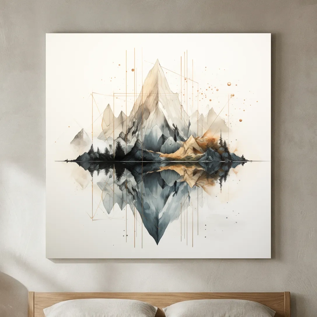 Geometric Watercolor Mountain Reflection Landscape - Modern Minimalist Wall Art