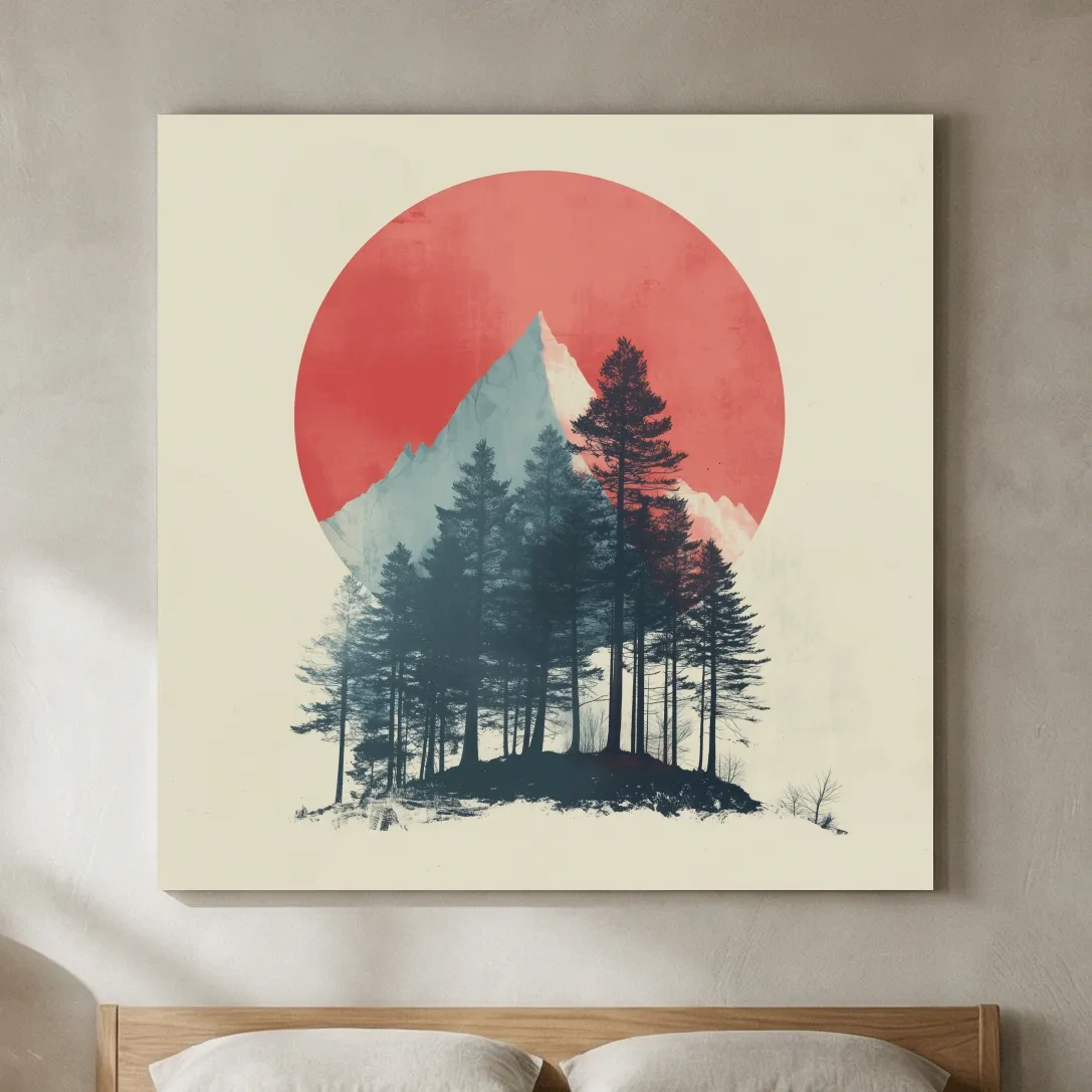 Minimalist Mountain Peak Pine Forest - Scandinavian Sunset Landscape Wall Art