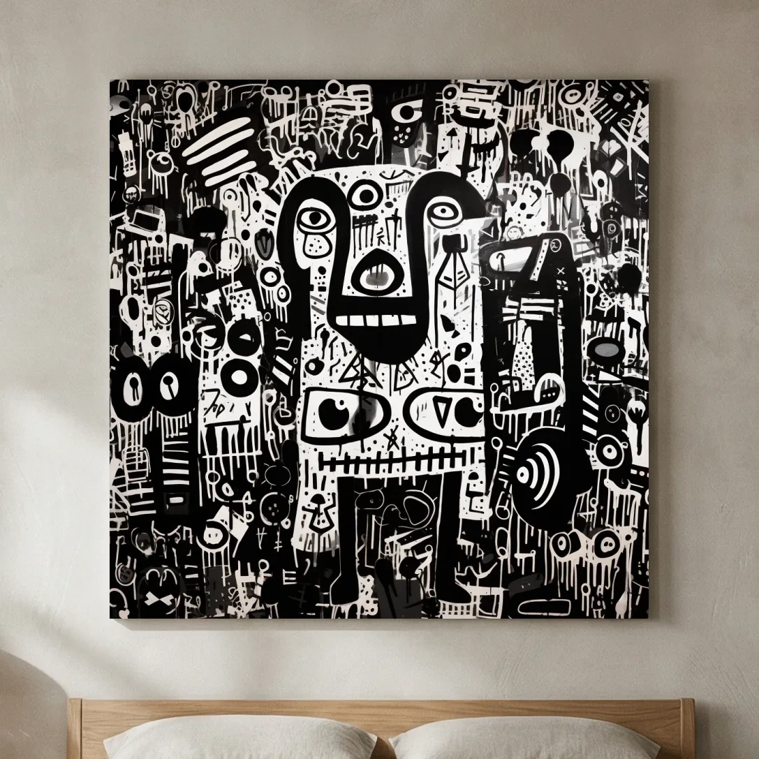 Black And White Abstract Graffiti Bear - Urban Street Art Wall Artwork