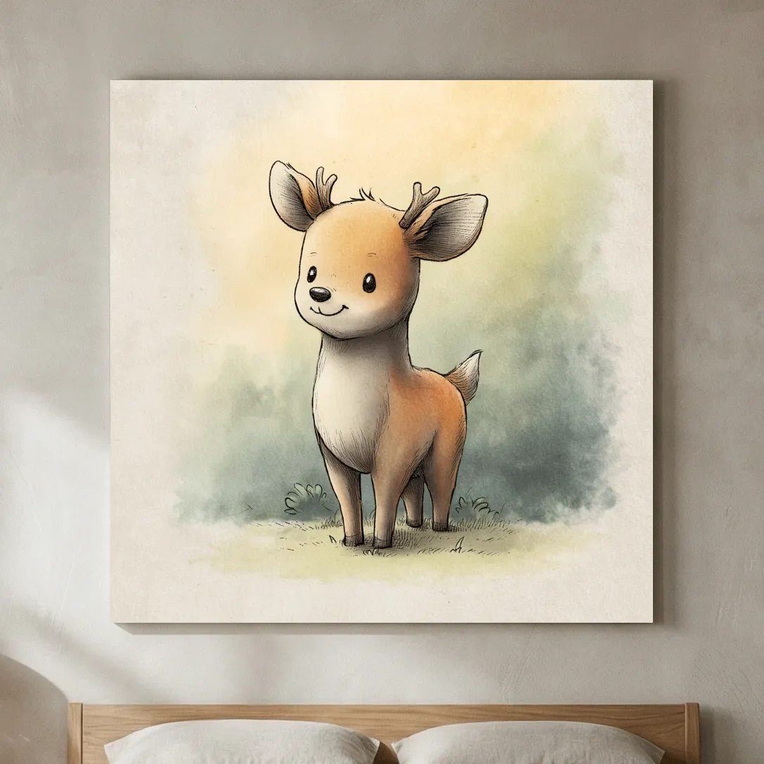 Cute Baby Deer Watercolor Illustration - Whimsical Woodland Nursery Wall Art
