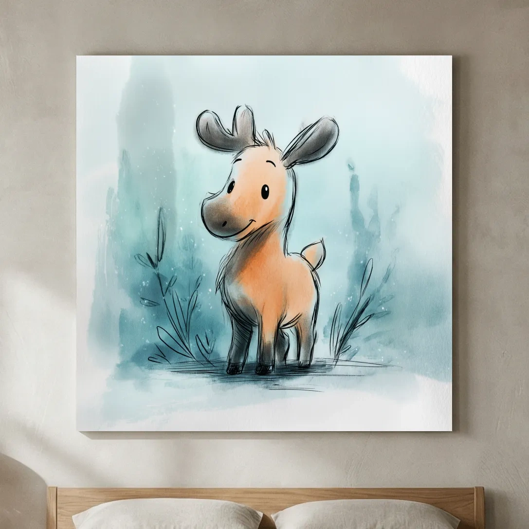 Cute Baby Moose Watercolor Illustration - Whimsical Nursery Wildlife Wall Art