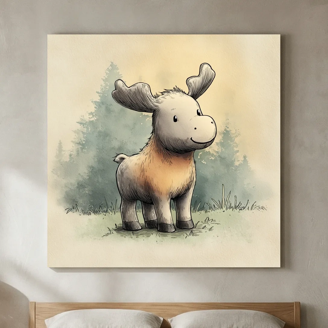 Cute Baby Moose Watercolor Illustration - Woodland Nursery Animal Wall Art