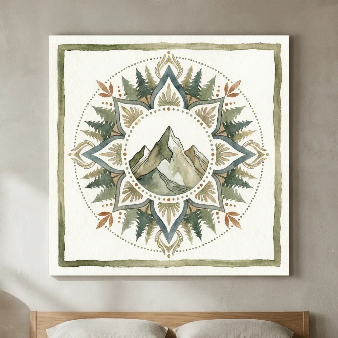 Mountain Mandala Watercolor - Boho Botanical Nature Wall Art