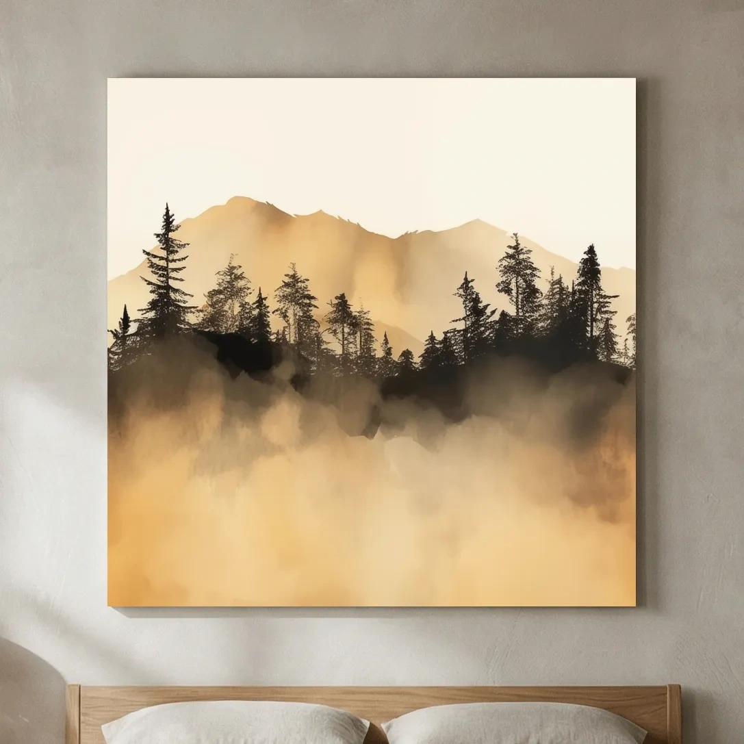 Misty Golden Mountain Pine Forest - Sepia Watercolor Landscape Wall Art