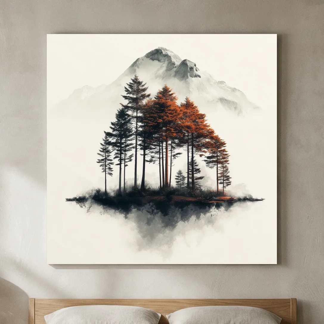 Misty Mountain Pine Forest Watercolor - Autumn Landscape Wall Art