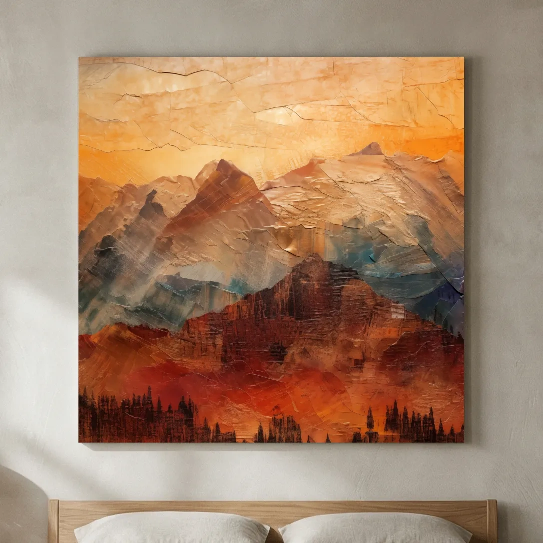 Impasto Style Abstract Mountain Range Sunset - Warm Rustic Landscape Wall Art