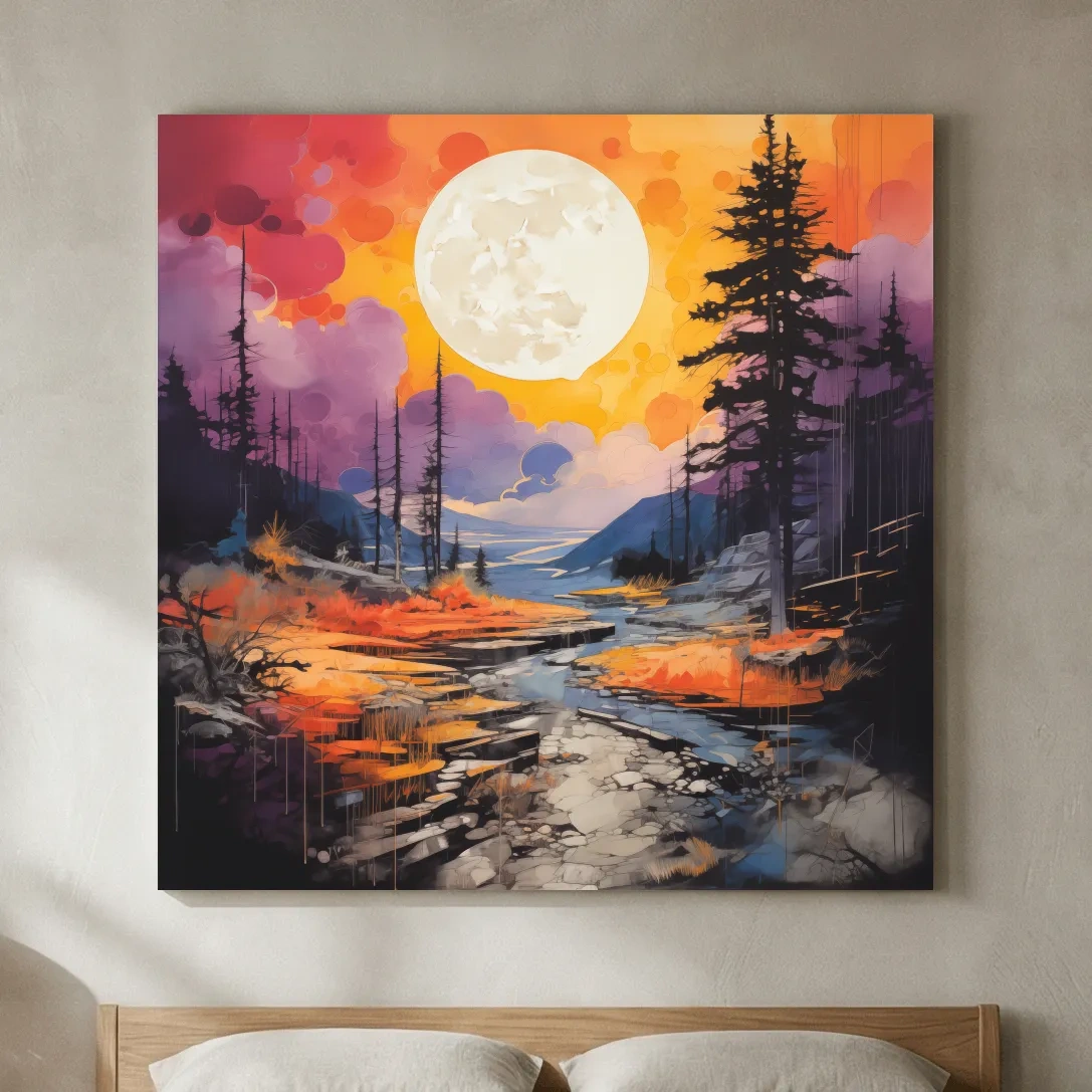 Vibrant River Valley Landscape Illustration - Abstract Sunset Forest Wall Art