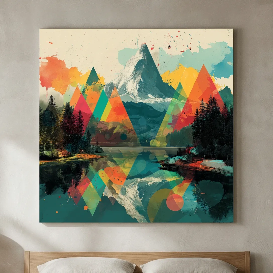 Vibrant Abstract Mountain Lake Collage Art - Colorful Alpine Wall Art