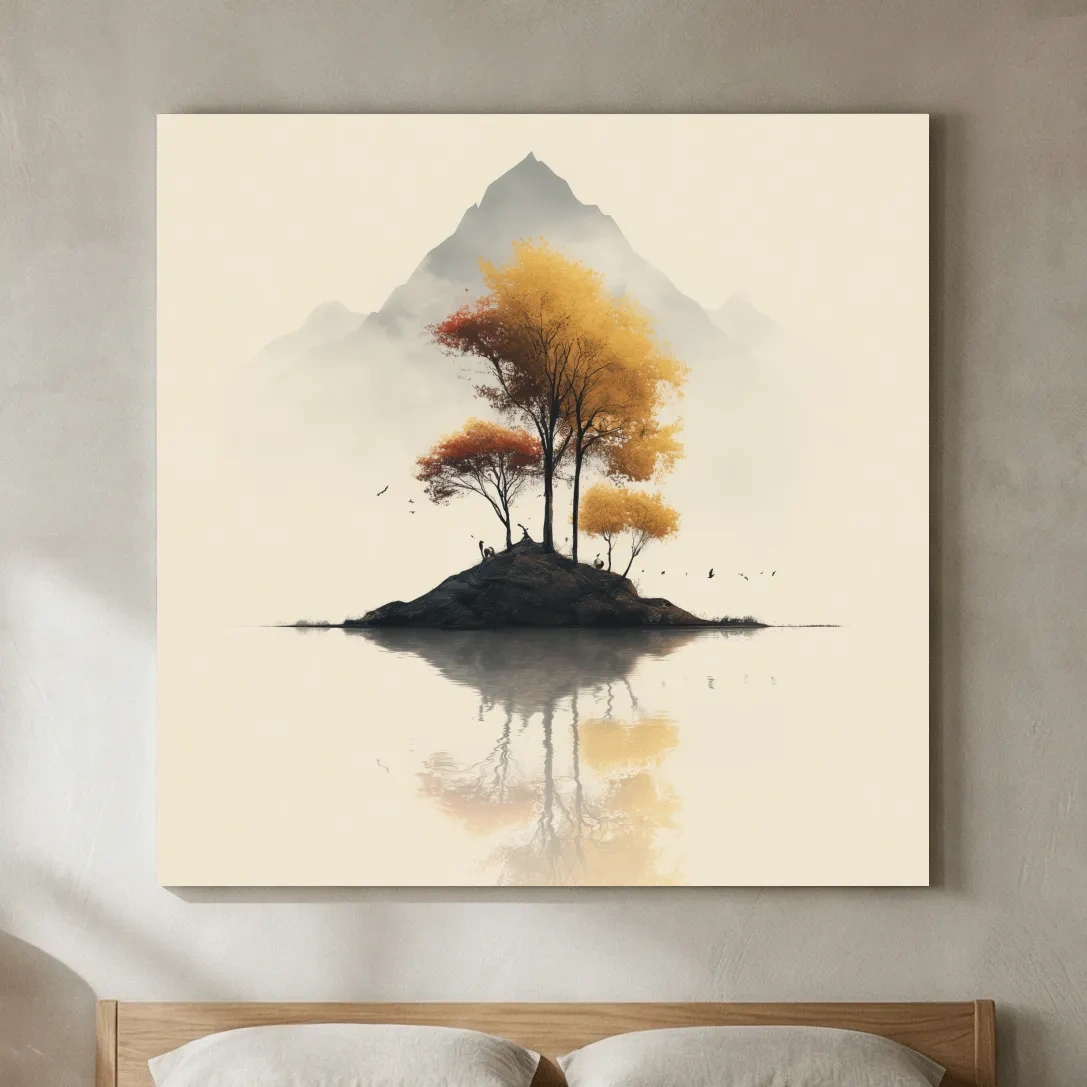 Minimalist Autumn Trees On Misty Lake Island - Serene Mountain Landscape Wall Art