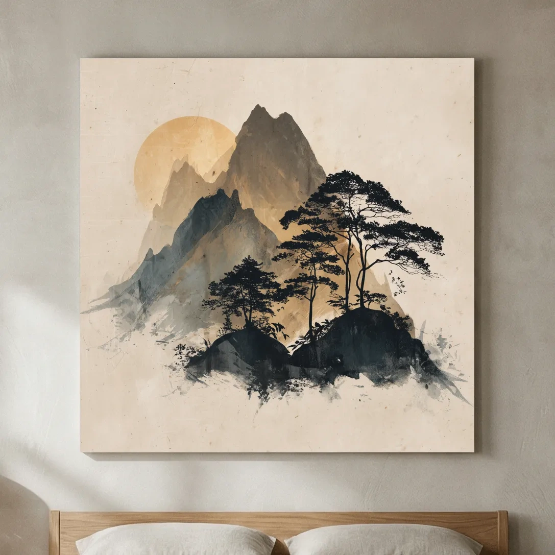 Zen Ink Wash Mountain Sunrise - Minimalist Japanese Pine Landscape Wall Art